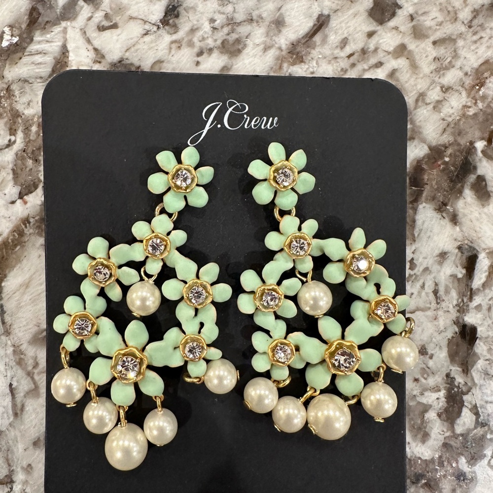 J. Crew Green and Cream Chandelier Earrings with Floral Design